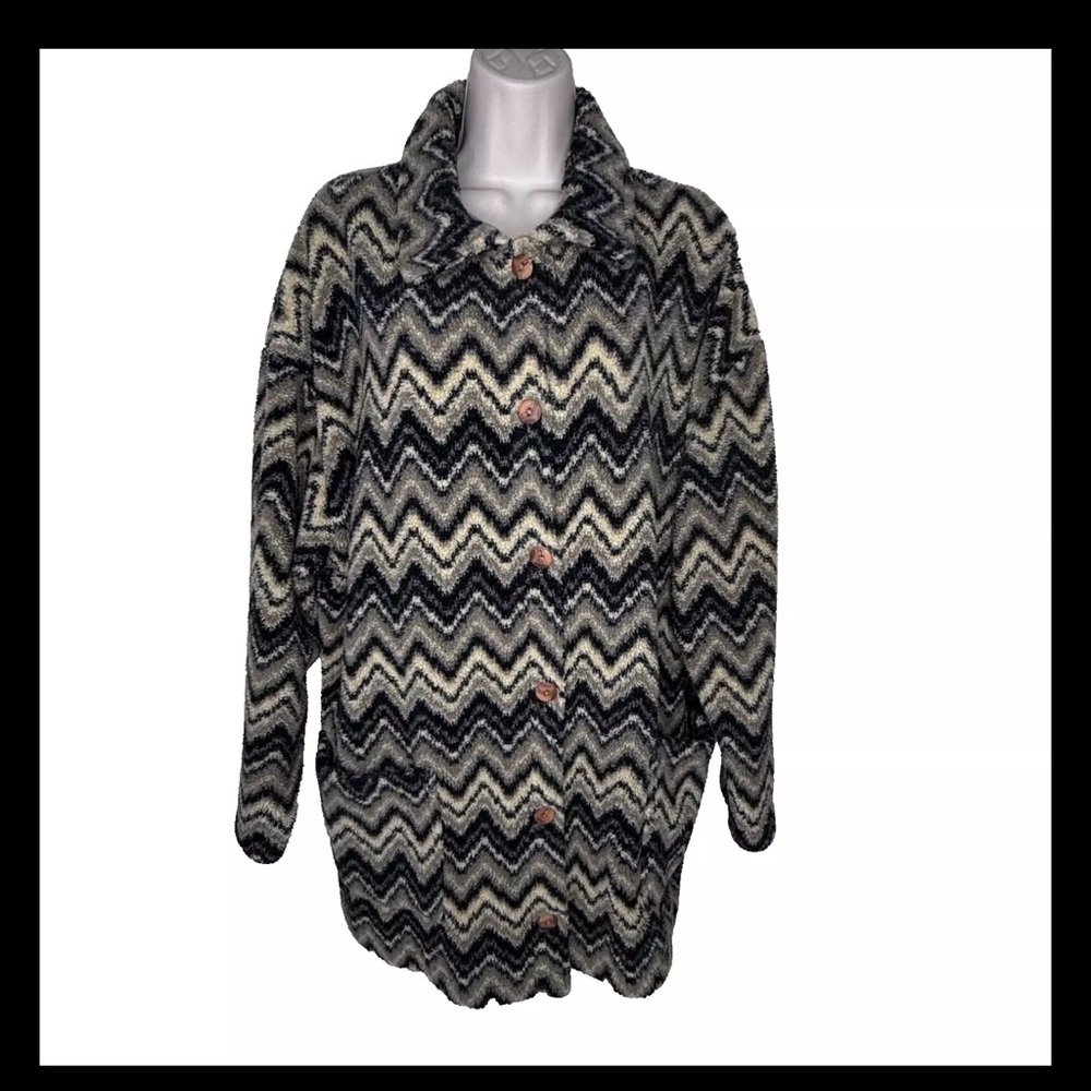 Vintage Fresno Sport Winter Coat XL Tan Black Gray Chevron Pattern Fleece Button